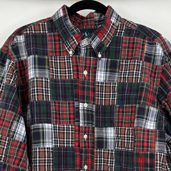 Ralph Lauren Shirt Mens Large Patchwork Madras Plaid Custom Fit Long Sleeve Mint